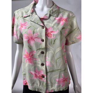Vintage Island Winds Floral Rayon Blouse M Short Sleeve Button-Front Pink Lily P